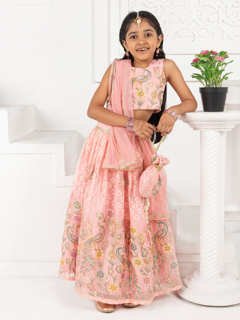 Peach Floral Print Lehenga SetLEHENGAFREE SPARROW