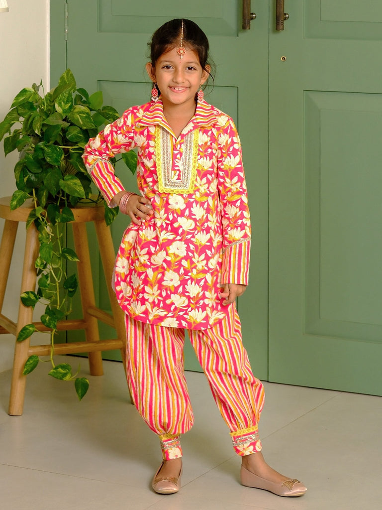 Red Salmon Floral Printed Afghan Pants SetDhoti KurtiFREE SPARROW
