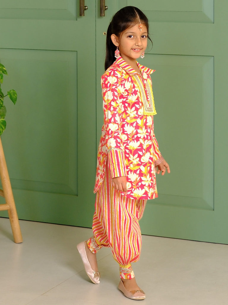 Red Salmon Floral Printed Afghan Pants SetDhoti KurtiFREE SPARROW