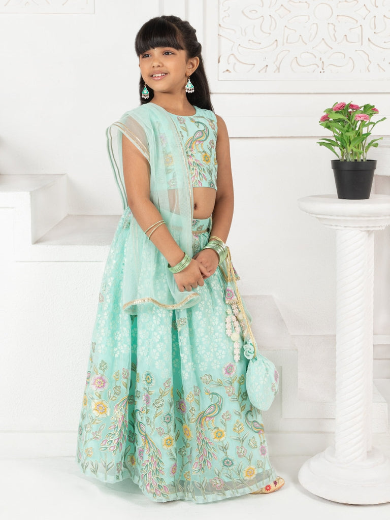 Sea Green Floral Print Lehenga SetLEHENGAFREE SPARROW