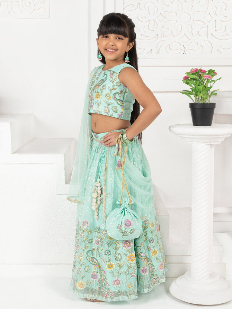 Sea Green Floral Print Lehenga SetLEHENGAFREE SPARROW