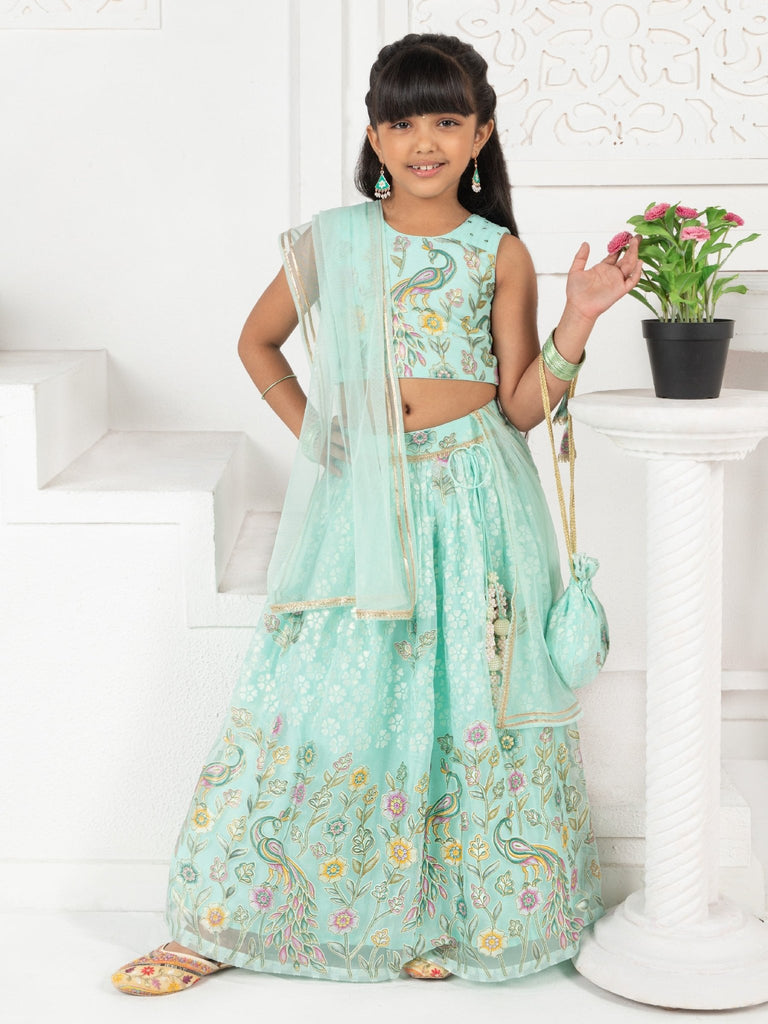 Sea Green Floral Print Lehenga SetLEHENGAFREE SPARROW