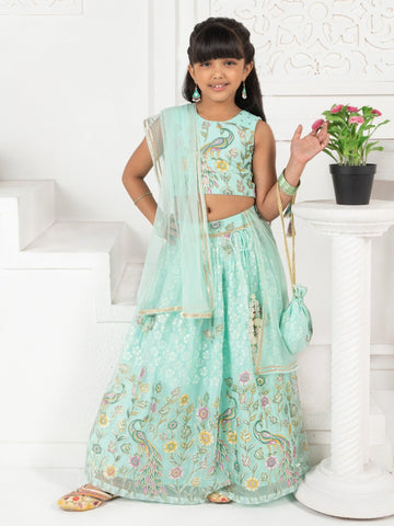 Sea Green Floral Print Lehenga SetLEHENGAFREE SPARROW