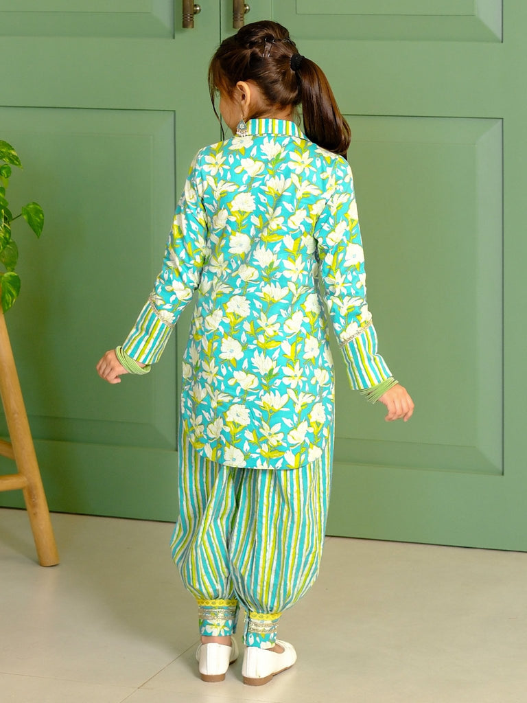Sea Green Floral Printed Afghan Pants SetDhoti KurtiFREE SPARROW