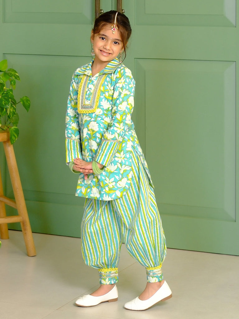 Sea Green Floral Printed Afghan Pants SetDhoti KurtiFREE SPARROW