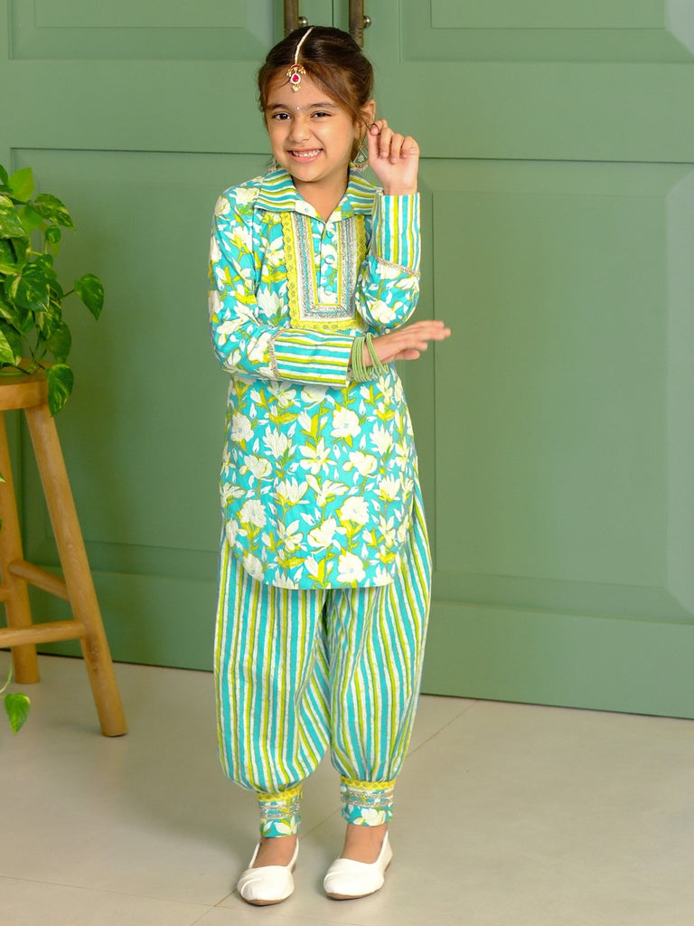 Sea Green Floral Printed Afghan Pants SetDhoti KurtiFREE SPARROW