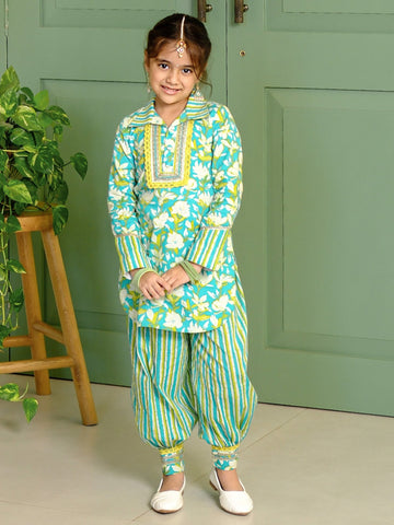 Sea Green Floral Printed Afghan Pants SetDhoti KurtiFREE SPARROW