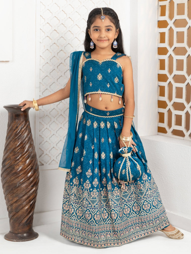 Teal Blue Foil Print Lehenga SetLEHENGAFREE SPARROW