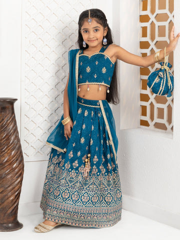 Teal Blue Foil Print Lehenga SetLEHENGAFREE SPARROW