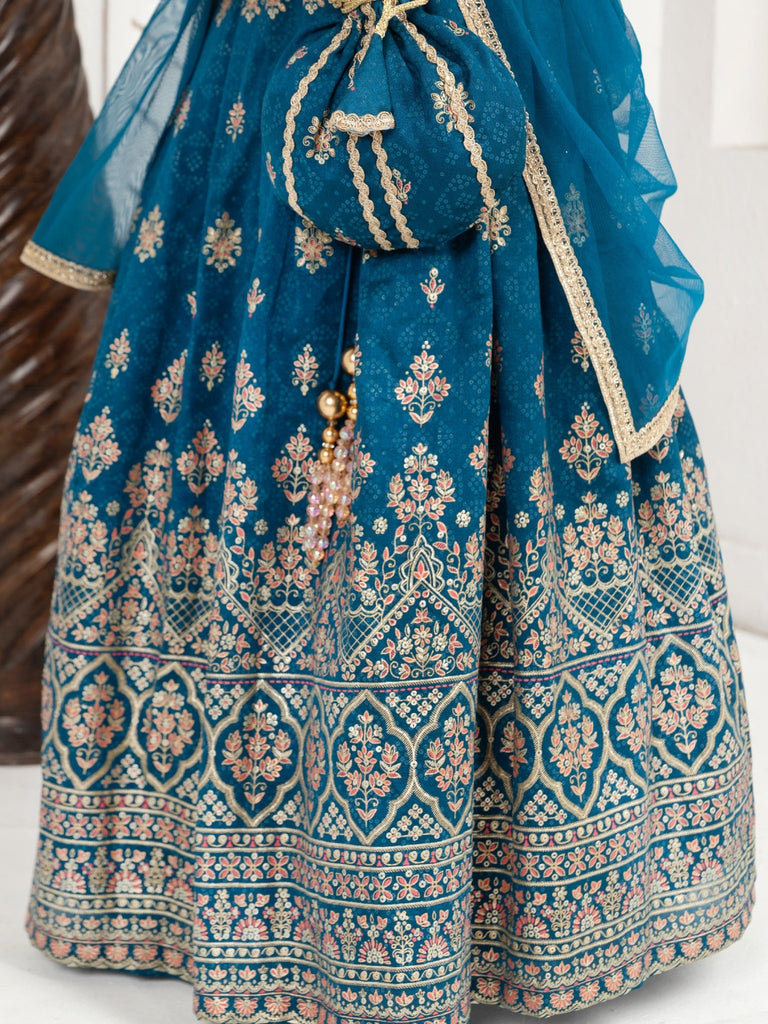 Teal Blue Foil Print Lehenga SetLEHENGAFREE SPARROW