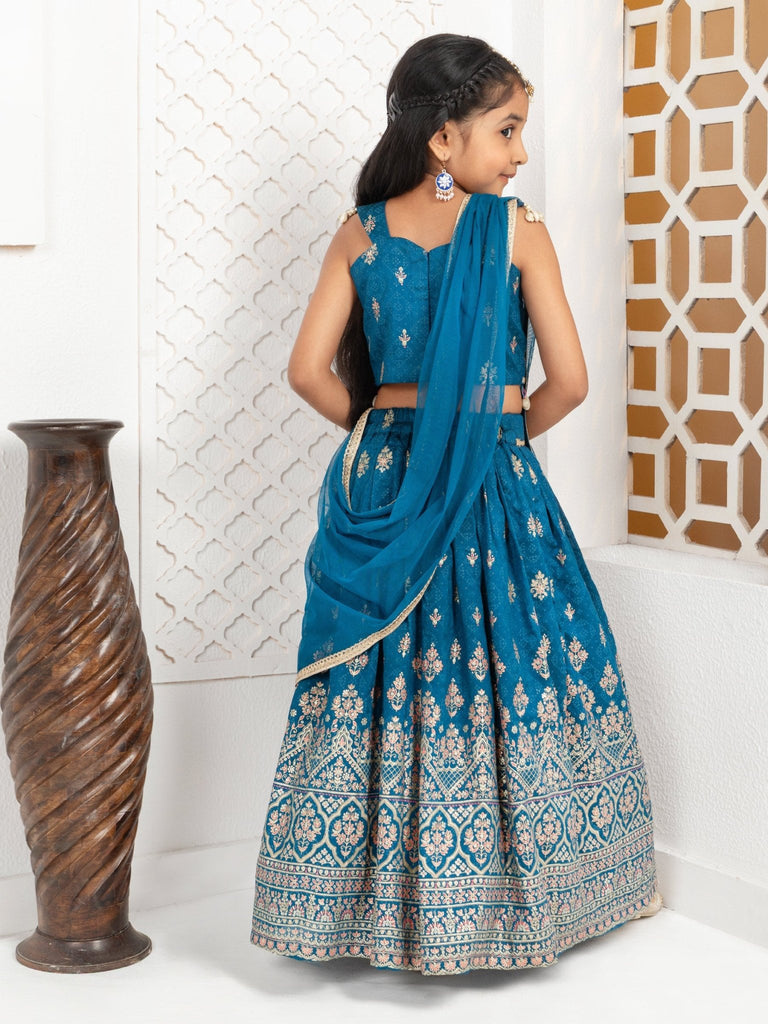 Teal Blue Foil Print Lehenga SetLEHENGAFREE SPARROW